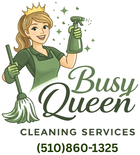 Busy Queen Cleaning Services logo: a smiling queen in a green apron holding a mop and spray bottle